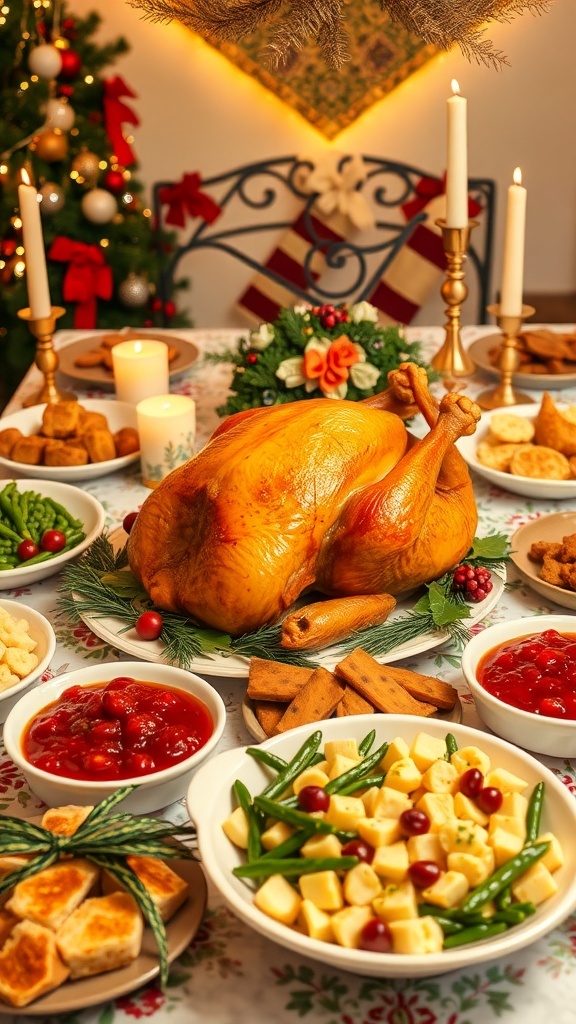 A festive Christmas dinner table with roasted turkey, mashed potatoes, green beans, and decorations.